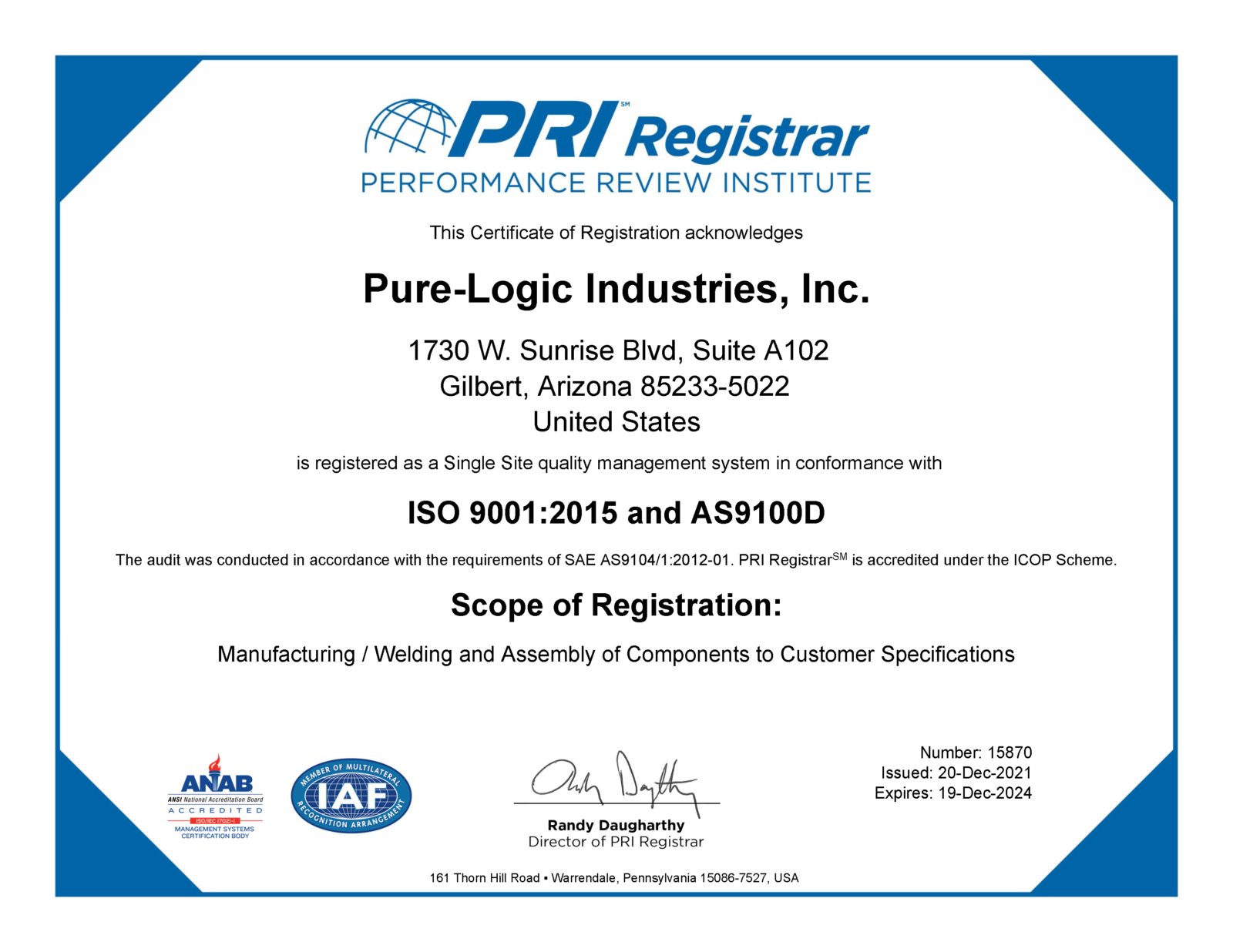 Credentials PureLogic Industries, Inc.